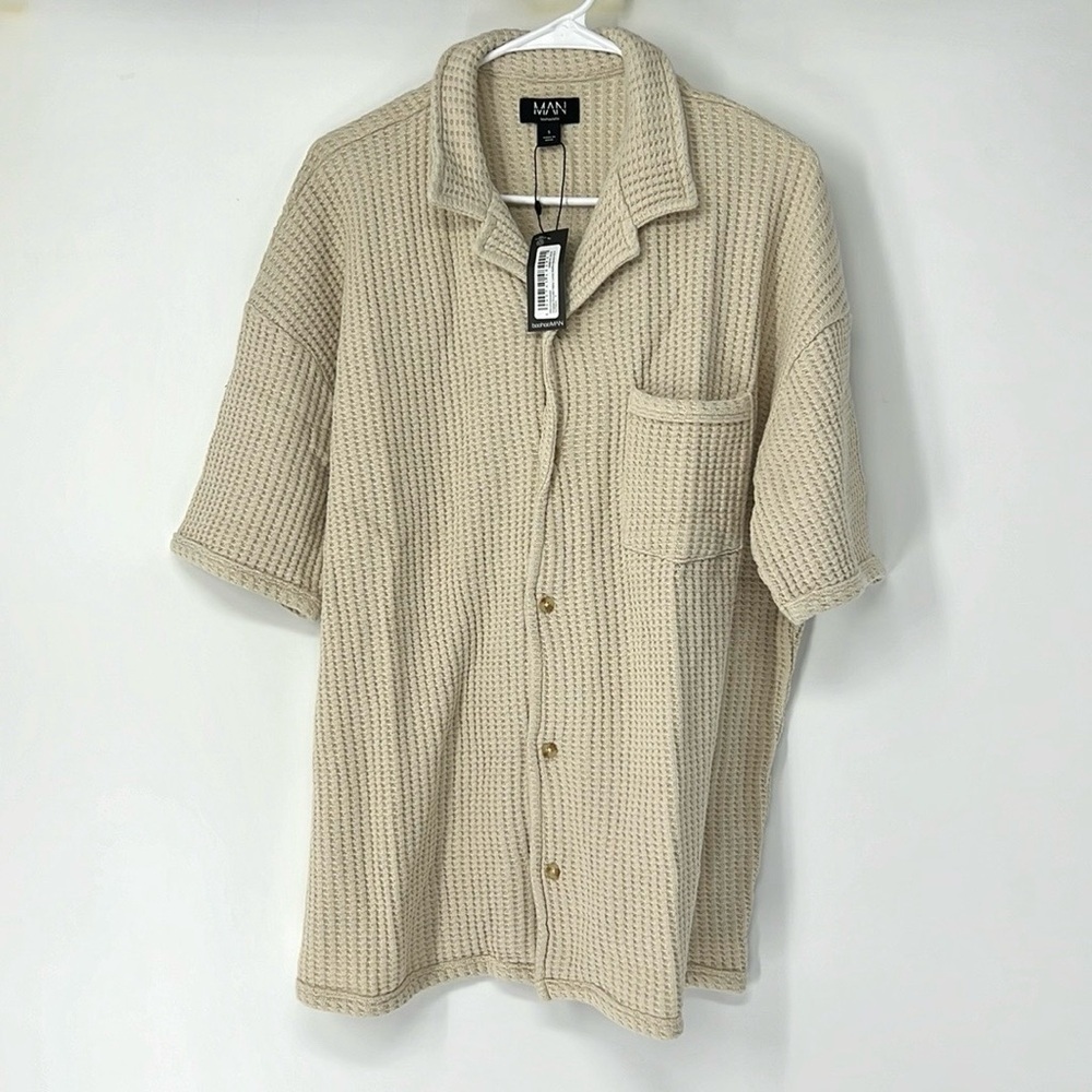 Boohoo Mens Cream Knit Short Sleeve Button Down Shirt